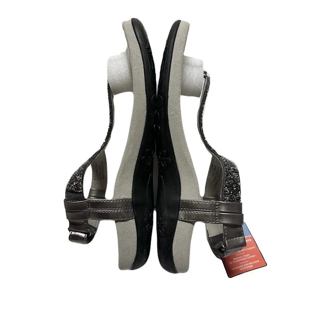 NEW Aetrex Womens Size 8.5 Gunmetal Leather Jade Sparkle Arch Support Sandals - Picture 7 of 9